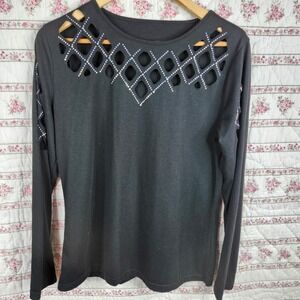 Black Long Sleeve Top Rhinestone Cutout Embellished Diamond Pattern